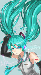 Rule 34 | 1girl, aqua eyes, aqua hair, arm up, bad id, bad pixiv id, character name, detached sleeves, floating hair, hatsune miku, headset, long hair, necktie, solo, twintails, uanuan, very long hair, vocaloid