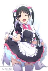 Rule 34 | 1girl, :d, akiba maid sensou, animal ears, apron, black dress, black hair, dated, dot nose, dress, fake animal ears, fang, highres, long hair, looking at viewer, maid, maid apron, maid headdress, nii manabu, one eye closed, open mouth, pig ears, purple eyes, signature, skirt hold, smile, solo, thighhighs, twintails, white apron, white background, white thighhighs, yumechi (akiba maid sensou)