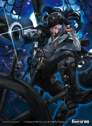 Rule 34 | 1boy, artist name, beard, boots, cigarette, copyright name, dagger, facial hair, feathers, force of will, fukuzou, gun, hat, hook hand, knife, male focus, moon, night, night sky, official art, open mouth, pirate hat, red eyes, ship, skull, sky, smoking, solo, sword, teeth, watercraft, weapon, white hair