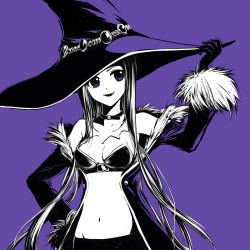 Rule 34 | 1girl, breasts, hal-13, hand on own hip, hat, highres, long hair, monochrome, navel, purple background, purple theme, simple background, smile, solo, venus &amp; braves, very long hair, vivi (v&amp;b), vivid orrin, witch hat