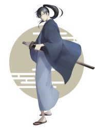 Rule 34 | 1boy, alternate costume, black clover, black hair, blue eyes, blue kimono, highres, holding, holding sword, holding weapon, japanese clothes, katana, kimono, looking at viewer, mon na ko, nacht faust, ponytail, sandals, simple background, solo, sword, weapon, white background, zouri
