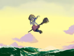 Rule 34 | 1girl, bow, broom, broom riding, cloud, flying, hair bow, hair ribbon, hand on headwear, hat, inui (jt1116), ocean, original, ponytail, ribbon, sidesaddle, skirt, sky, solo, twilight, water, waves, witch