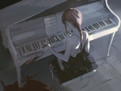 Rule 34 | 1girl, absurdres, black dress, blood, blood on hands, blood on piano, blood splatter, braid, braided ponytail, chainsaw man, cross-laced clothes, cross-laced dress, dress, highres, instrument, looking away, makima (chainsaw man), medium hair, nenem (kimnenemmm art), piano, pool of blood, red hair, sheet music, sitting, solo
