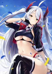 Rule 34 | 1girl, azur lane, belt, black gloves, black thighhighs, blue sky, breasts, clothing cutout, confetti, cropped shirt, crossed legs, gloves, half gloves, headgear, highres, jacket, long hair, looking at viewer, mimelex, multicolored hair, navel, official alternate costume, open clothes, open jacket, panties, panty straps, prinz eugen (azur lane), prinz eugen (final lap) (azur lane), purple jacket, race queen, red hair, red panties, silver hair, sitting, sky, smile, solo, streaked hair, thighhighs, two-tone skirt, underboob, underboob cutout, underwear, very long hair, white belt, yellow eyes, zipper