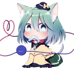 Rule 34 | 1girl, animal ears, black hat, blouse, blush, bow, cat ears, cat tail, chibi, choker, closed mouth, collar, collared shirt, crystal, eyes visible through hair, fish, food, frills, gradient hair, green eyes, green hair, green skirt, grey hair, hair between eyes, hat, hat bow, highres, jewelry, komeiji koishi, long sleeves, looking at viewer, mini hat, multicolored hair, pink choker, seiza, shirt, short hair, simple background, sitting, skirt, smile, solo, tail, touhou, white background, white eyes, wide sleeves, yellow bow, yellow shirt, yellow sleeves, you (noanoamoemoe)