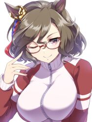 Rule 34 | 1girl, alternate costume, bespectacled, braid, breasts, brown hair, closed mouth, ear ornament, glasses, highres, horse girl, jacket, jitome, large breasts, long sleeves, looking at viewer, one eye closed, pataneet, purple eyes, red-framed eyewear, red eyes, red jacket, semi-rimless eyewear, short hair, simple background, smile, solo, tap dance city (umamusume), tracen training uniform, track jacket, umamusume, under-rim eyewear, upper body, white background, zipper, zipper pull tab