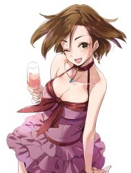 Rule 34 | 10s, 1girl, breasts, brown eyes, brown hair, commentary request, cup, dress, drinking glass, idolmaster, idolmaster cinderella girls, jewelry, kawaty, looking at viewer, medium breasts, mizuki seira, necklace, one eye closed, short hair, simple background, smile, solo, white background, wine glass