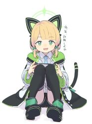 Rule 34 | 1girl, :d, animal ear headphones, animal ears, black footwear, black thighhighs, blonde hair, blue archive, blue necktie, bow, cat ear headphones, cat tail, dress shirt, fake animal ears, full body, green bow, green eyes, hair bow, halo, handheld game console, headphones, holding, holding handheld game console, jacket, knees to chest, looking at viewer, midori (blue archive), necktie, nintendo switch, on ground, open mouth, playing games, satsuyo, shirt, simple background, smile, solo, straight-on, tail, thighhighs, white background, white jacket, wing collar