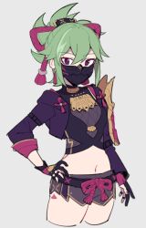 Rule 34 | 1girl, covered mouth, crop top, cropped jacket, do m kaeru, genshin impact, gloves, green hair, grey background, grey shorts, hair between eyes, hair ornament, hand on own hip, jacket, kuki shinobu, long sleeves, looking at viewer, mask, midriff, mouth mask, navel, ninja, open clothes, open jacket, ponytail, purple eyes, purple jacket, short hair, short shorts, shorts, simple background, solo, thighs