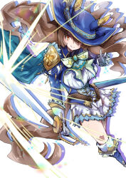 Rule 34 | 1girl, animal ears, belt, blue footwear, blue headwear, boots, bow, brown belt, brown hair, cape, commentary request, dress, ear covers, foot out of frame, frilled dress, frills, gloves, green bow, holding, holding sword, holding weapon, horse ears, horse girl, horse tail, juliet sleeves, long hair, long sleeves, looking at viewer, nodachi (artist), official art, puffy sleeves, satono diamond (chevalier bleu) (umamusume), satono diamond (umamusume), side cape, simple background, smile, solo, sword, tail, umamusume, very long hair, weapon, white background, white gloves, wide brim
