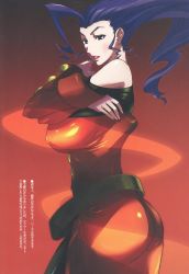 Rule 34 | 1990s (style), 1girl, absurdres, arisawa masaharu, ass, bare shoulders, blue eyes, blue hair, blush, breasts, capcom, covered erect nipples, fingernails, highres, huge breasts, lips, lipstick, long fingernails, long hair, looking at viewer, makeup, matching hair/eyes, nail polish, red background, retro artstyle, rose (street fighter), simple background, solo, standing, street fighter, street fighter zero (series), translation request