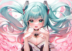 Rule 34 | 1girl, :d, bare shoulders, black choker, black gemstone, blue eyes, blue hair, blue nails, blush, breasts, choker, cleavage, commentary, floating hair, hair ornament, hatsune miku, heart, heart-shaped gem, heart hands, highres, long hair, looking at viewer, medium breasts, meion, miku day, open mouth, smile, solo, twintails, upper body, vocaloid