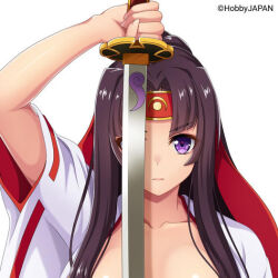 Rule 34 | 1girl, ad, arm up, black hair, closed mouth, company name, dot nose, hairband, headband, holding, holding sword, holding weapon, japanese clothes, kimono, long hair, looking at viewer, official art, one eye covered, open clothes, open kimono, promotional art, purple eyes, queen&#039;s blade, red hairband, short sleeves, sidelocks, simple background, solo, straight-on, sword, tomoe (queen&#039;s blade), weapon, white background, white kimono, wide sleeves