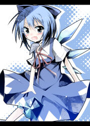 Rule 34 | 1girl, blue bow, blue dress, blue eyes, blue hair, blush, bow, cirno, collared shirt, comiket 81, commentary request, dotted background, dress, eye trail, feet out of frame, hair between eyes, hair bow, hakobako, ice, ice wings, light trail, looking at viewer, medium hair, neck ribbon, open mouth, outline, pinafore dress, ribbon, shirt, short sleeves, sleeveless, sleeveless dress, smile, solo, touhou, white background, white outline, white shirt, wings