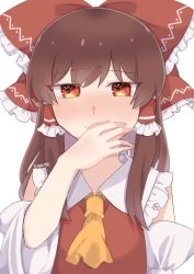 Rule 34 | 1girl, ascot, bare shoulders, blush, bow, breasts, brown hair, closed mouth, collarbone, collared dress, commentary request, detached sleeves, dress, eyes visible through hair, frills, hair between eyes, hair ornament, hair tubes, hakurei reimu, hand up, highres, long sleeves, looking at viewer, medium breasts, medium hair, orange ascot, red bow, red dress, red eyes, simple background, solo, touhou, twitter username, upper body, white background, wide sleeves