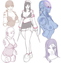 Rule 34 | 5girls, amputee, bad id, bad pixiv id, breasts, cyborg, hat, kusagami style, large breasts, lips, monochrome, multiple girls, nurse, nurse cap, original, quadruple amputee, robot, simple background, sketch, spot color, syringe, thighhighs, unfinished, white background