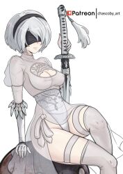 Rule 34 | 1girl, 2b (nier:automata), artist name, black blindfold, black hairband, blindfold, bob cut, breasts, chascoby, cleavage, commentary, english commentary, hairband, highres, holding, holding sword, holding weapon, katana, medium breasts, mole, nier:automata, nier (series), nipples, see-through, short hair, simple background, sitting, smile, solo, sword, thick thighs, thighhighs, thighs, weapon, white background, white hair