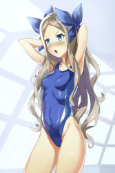 Rule 34 | 1girl, alternate costume, arms behind head, asakaze (kancolle), blue bow, blue eyes, blue one-piece swimsuit, blush, bow, brown hair, competition swimsuit, cowboy shot, embarrassed, forehead, hair bow, highleg, highleg swimsuit, highres, kantai collection, light brown hair, long hair, one-piece swimsuit, parted bangs, pooor (stillul711), rei no pool, sidelocks, solo, swimsuit, wavy hair