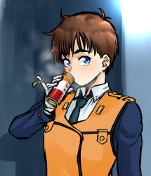 Rule 34 | 1girl, blue eyes, blue jacket, breasts, brown hair, can, canned coffee, drink can, drinking, epaulettes, flat chest, gloves, henriiku (ahemaru), izumi noa, jacket, kidou keisatsu patlabor, looking at viewer, messy hair, necktie, orange vest, pinky out, police, police uniform, policewoman, shirt, short hair, simple background, small breasts, solo, solo focus, steam, thick eyebrows, tomboy, uniform, vest, white gloves, white shirt
