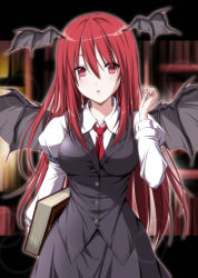 Rule 34 | 1girl, :o, blurry, blush, bokeh, book, breasts, demon wings, depth of field, head wings, highres, holding, holding book, koakuma, long hair, necktie, nori tamago, open mouth, red eyes, red hair, red necktie, solo, touhou, wings