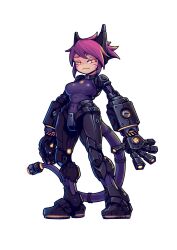 Rule 34 | 1girl, android, arms at sides, artist request, beta (super alloy ranger), breasts, facial mark, full body, glowing, glowing eyes, half-closed eyes, headgear, highres, joints, mechanical tail, medium breasts, official art, oversized forearms, oversized limbs, purple hair, red eyes, robot joints, science fiction, second-party source, short hair, smug, solo, standing, super alloy ranger, tail, very short hair