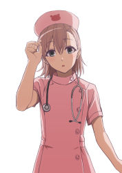 Rule 34 | 1girl, adjusting hair, arms up, brown hair, grey eyes, hat, highres, looking at viewer, medium hair, misaka imouto, nurse, nurse cap, open mouth, short sleeves, simple background, solo, stethoscope, toaru majutsu no index, upper body, white background, zai (pixiv)