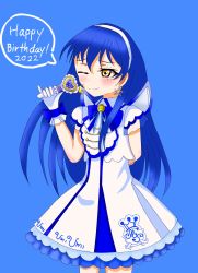 Rule 34 | 1girl, ;), arm behind back, artist name, artist request, blue background, blue bow, blue hair, blue ribbon, blush, bow, bowtie, breasts, brown eyes, clothes writing, collared dress, crown print, dated, dress, earrings, fake wings, female focus, gloves, hair between eyes, hairband, highres, holding, holding microphone, jewelry, long hair, looking at viewer, love live!, love live! school idol festival, love live! school idol project, microphone, miniskirt, bowtie, neck ribbon, one eye closed, parted lips, plaid, plaid dress, plaid skirt, pleated, pleated dress, pleated skirt, ribbon, short sleeves, skirt, small breasts, smile, solo, sonoda umi, star (symbol), star earrings, white dress, white gloves, white hairband, white skirt, white wings, wing collar, wings, wink, wrist bow, yellow eyes