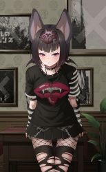 Rule 34 | 1girl, absurdres, animal ears, arm warmers, bat ears, black collar, black hair, black shirt, black skirt, black thighhighs, chain, collar, collarbone, common vampire bat (kemono friends), cowboy shot, deku suke, ear piercing, expressionless, extra ears, fang, fang out, fishnets, goth fashion, gothic, highres, indoors, kemono friends, looking at viewer, piercing, plant, pleated skirt, potted plant, purple eyes, shirt, short hair, short sleeves, skirt, solo, spiked collar, spikes, striped, thigh gap, thighhighs, torn clothes, torn thighhighs