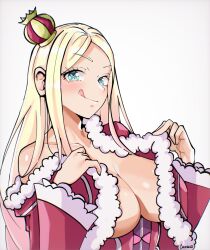 Rule 34 | aged up, alternate breast size, beatrice (re:zero), blonde hair, blue eyes, breasts, cleavage, come hither, commission, crow26, crown, dress, highres, large breasts, licking lips, long hair, looking at viewer, mini crown, re:zero kara hajimeru isekai seikatsu, red dress, sidelocks, symbol-shaped pupils, teasing, tongue, tongue out, undressing