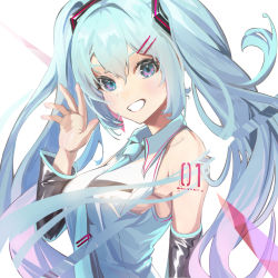 Rule 34 | 1girl, absurdres, arm tattoo, bare shoulders, between breasts, blue eyes, blue hair, blue necktie, breasts, collared shirt, commentary, daiiichukiii, detached sleeves, eyelashes, grin, hair between eyes, hair ornament, hairclip, hand up, hatsune miku, highres, long hair, looking at viewer, medium hair, necktie, necktie between breasts, shirt, smile, solo, tareme, tattoo, twintails, upper body, very long hair, vocaloid, waving, white shirt