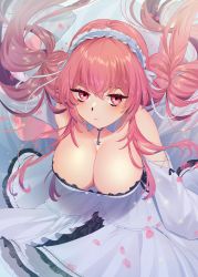 Rule 34 | 1girl, azur lane, bare shoulders, blue hairband, breasts, cleavage, closed mouth, detached collar, detached sleeves, dress, frilled hairband, frilled sleeves, frills, frown, hair between eyes, hairband, highres, key, large breasts, lolita hairband, long hair, long sleeves, looking at viewer, low twintails, maitei roppa, perseus (azur lane), petals, pink eyes, pink hair, sleeves past wrists, solo, twintails, very long hair, white dress