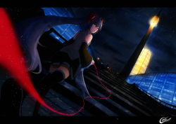 Rule 34 | 1girl, absurdres, bare shoulders, black footwear, black skirt, blue eyes, blue hair, boots, building, city, cityscape, cloud, cloudy sky, collared shirt, dark, detached sleeves, dutch angle, foreshortening, from behind, from below, glowing, grey shirt, hair between eyes, hatsune miku, highres, letterboxed, lights, long hair, looking at viewer, night, night sky, open mouth, outdoors, pleated skirt, pov, railing, rain, shirt, shy (953416992), signature, skirt, sky, skyscraper, sleeveless, sleeveless shirt, sleeves past wrists, solo, sparkle, stairs, star (sky), starry sky, string, string of fate, thigh boots, thighhighs, twintails, very long hair, vocaloid, walking, zettai ryouiki