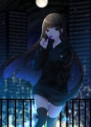 Rule 34 | 1girl, arm up, black hoodie, black thighhighs, blue nails, blurry, blurry background, brown eyes, brown hair, building, cacao (cacaomgmg), candy, city lights, cityscape, commentary request, contrapposto, feet out of frame, fingernails, food, full moon, hand in pocket, highres, holding, holding candy, holding food, hood, hood down, hoodie, light particles, lollipop, long hair, looking at viewer, moon, nail polish, night, original, outdoors, railing, sidelocks, skyscraper, solo, standing, thighhighs, tongue, tongue out, very long hair