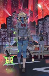 Rule 34 | 1boy, 1girl, blue skin, bow, bowtie, car, cardigan, chain, city, city lights, collared shirt, colored skin, glowing, glowing weapon, highres, holding, holding weapon, horns, jacket, kezime, loafers, motor vehicle, nail polish, necktie, off shoulder, oni, open clothes, open jacket, orange eyes, original, pink nails, ryoko (kezime), shirt, shoes, smoking, socks, solo focus, standing, weapon, white hair