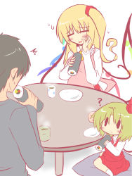 Rule 34 | 1boy, 2girls, :d, = =, ?, aged up, apron, ascot, chabudai (table), child, cup, cushion, ehoumaki, family, father and daughter, flan-maman (goma), flandre scarlet, food, goma (gomasamune), green tea, jewelry, long hair, makizushi, mikoto freesia scarlet (goma), mother and daughter, multiple girls, no headwear, open mouth, original, plate, ring, setsubun, sexually suggestive, short hair, side ponytail, simple background, sitting, smile, steam, sushi, table, tea, touhou, wariza, wedding band, white background, wings, yunomi, zabuton, | |