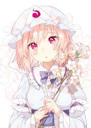 Rule 34 | 1girl, arm garter, blue bow, blue kimono, blush, bow, bowtie, breasts, center frills, cherry blossoms, floral background, flower, frilled shirt collar, frills, hat, head tilt, highres, holding, holding flower, japanese clothes, kimono, long sleeves, looking at viewer, mob cap, mokyuko, obi, open mouth, pink eyes, pink hair, red eyes, saigyouji yuyuko, sash, short hair, solo, touhou, triangular headpiece, upper body, white background, wide sleeves