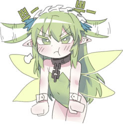 Rule 34 | 1girl, puff of air, afterimage, bare shoulders, black souls, bright pupils, chain, chibi, closed mouth, collar, colored eyelashes, covered navel, expressive hair, fairy, fairy wings, frown, green eyes, green leotard, green wings, hair between eyes, hair flaps, korean text, leaf (black souls), leotard, light green hair, long hair, maid headdress, nyong nyong, sidelocks, simple background, solo, strapless, strapless leotard, translation request, v-shaped eyebrows, white background, white pupils, wings, wrist cuffs