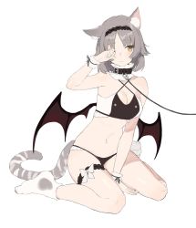 Rule 34 | 1girl, aiko (kanl), animal ear fluff, animal ears, armpits, bad id, bad twitter id, bare arms, bare legs, bare shoulders, bat wings, bdsm, belt collar, between legs, black panties, blush, breasts, brown eyes, cat ears, cat tail, cleavage, closed mouth, collar, criss-cross halter, crop top, full body, grey hair, hairband, halterneck, hand up, highres, leash, bridal garter, looking at viewer, medium breasts, navel, no pants, one eye closed, original, panties, rubbing eyes, short hair, simple background, sitting, slave, solo, stomach, tail, thighs, underwear, wariza, white background, white footwear, wings