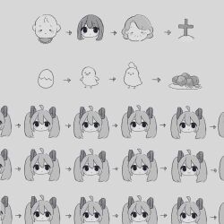 Rule 34 | age progression, arrow (symbol), baby, bird, chick, chicken, chicken nuggets, closed mouth, egg, expressionless, grey background, greyscale, hatsune miku, highres, long hair, looking at viewer, monochrome, old, old woman, simple background, smile, tombstone, twintails, vocaloid, yuta 2341