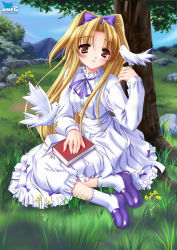 Rule 34 | 1girl, animal, birds, blonde hair, blush, book, bow, brown eyes, day, dot nose, dress, grass, highres, long hair, moekibara fumitake, mountain, open mouth, outdoors, platinum wind, scenery, shoes, sitting, socks, solo, tree