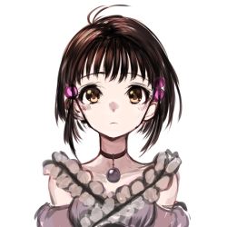 Rule 34 | 1girl, black choker, breasts, brown eyes, brown hair, choker, closed mouth, detached sleeves, female focus, hair ornament, looking at viewer, nyantiu, reala (tales), short hair, simple background, solo, tales of (series), tales of destiny 2, upper body, very short hair, white background