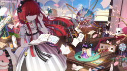 Rule 34 | 1girl, artist name, black eyes, blunt bangs, book, bookshelf, bow, candy, cup, doll, dress, food, globe, gothic lolita, hair bow, hair ornament, holding, holding book, indoors, library, liclac, lolita fashion, lollipop, long hair, open book, original, painting (object), papers, rabbit hair ornament, red hair, short sleeves, skull, solo, striped clothes, striped dress, telescope, watermark