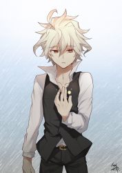 Rule 34 | 1boy, artist name, cowboy shot, fate/apocrypha, fate (series), grey hair, hair between eyes, half-closed eyes, hand on own chest, highres, long sleeves, male focus, nikame, parted lips, red eyes, sieg (fate), signature, pants, solo, vest, wavy hair