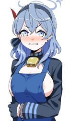 Rule 34 | 1girl, ako (blue archive), angry, apron, areola slip, bell, black apron, black gloves, blue apron, blue archive, blue eyes, blue hair, blush, breasts, clenched teeth, cuffs, ear piercing, gloves, hair between eyes, hair ribbon, hairband, halo, handcuffs, kumadano, large breasts, long sleeves, looking at viewer, neck bell, piercing, ribbon, sideboob, simple background, solo, sweat, tears, teeth, upper body, white background