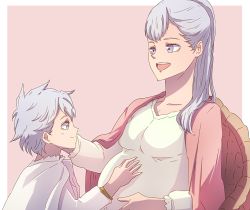 Rule 34 | 2girls, acier silva, black clover, border, cape, chair, hand on another&#039;s head, highres, jinguu (timaya), long hair, mother and daughter, multiple girls, nebra silva, pink background, pink cape, pregnant, purple eyes, shirt, short hair, silver hair, sitting, white border, white cape, white shirt, aged down