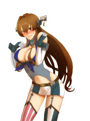 Rule 34 | 1girl, absurdres, american flag legwear, asymmetrical legwear, bad id, bad pixiv id, bare shoulders, belt, blue skirt, blush, breasts, brown eyes, brown hair, cleavage, cosplay, elbow gloves, embarrassed, eyebrows, garter straps, gloves, hair between eyes, headgear, highres, iowa (kancolle), iowa (kancolle) (cosplay), kantai collection, large breasts, long hair, midriff, miniskirt, mismatched legwear, multicolored clothes, multicolored skirt, navel, nishoku (llacarte11), skirt, solo, striped clothes, striped thighhighs, sweatdrop, thighhighs, vertical-striped clothes, vertical-striped thighhighs, very long hair, white skirt, yamato (kancolle)
