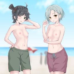 Rule 34 | 2girls, artist request, beach, black hair, blue sky, blurry, blurry background, blush, breasts, day, female focus, green eyes, green male swimwear, green swim trunks, grey hair, highres, kantai collection, looking at viewer, male swimwear, male swimwear challenge, matsukaze (kancolle), multiple girls, nipples, ocean, one eye closed, outdoors, red male swimwear, red swim trunks, sand, short hair, sky, small breasts, source request, swim trunks, swimsuit, tamanami (kancolle), topless, water, yellow eyes