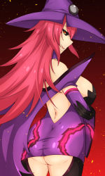 Rule 34 | 1girl, arc system works, artist request, ass, bare shoulders, black sclera, blazblue, breasts, cape, colored sclera, detached sleeves, dress, from behind, gloves, hat, highres, huge breasts, konoe a. mercury, long hair, looking at viewer, orange eyes, phantom (blazblue), pink hair, purple dress, shiny clothes, shiny skin, short dress, sideboob, smile, solo, thighhighs, very long hair, witch, witch hat