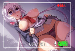 Rule 34 | 1girl, ahoge, black panties, blush, breasts, breasts out, cameltoe, clothes lift, dutch angle, gluteal fold, inverted nipples, large areolae, large breasts, light purple hair, long hair, looking at viewer, lydian academy school uniform, nipples, open mouth, panties, puffy nipples, purple eyes, recording, school uniform, senki zesshou symphogear, shiny skin, skirt, skirt lift, solo, standing, sweat, twintails, underwear, very long hair, viewfinder, yoshi tama, yukine chris