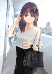 Rule 34 | 1girl, adjusting hair, bag, balcony, black skirt, blurry, blurry background, blush, brown eyes, brown hair, building, chikuwa (odennabe), city, collarbone, door, hand up, handbag, holding, holding bag, jewelry, long hair, looking at viewer, necklace, original, shirt, short sleeves, skirt, smile, solo, standing, watch, white shirt